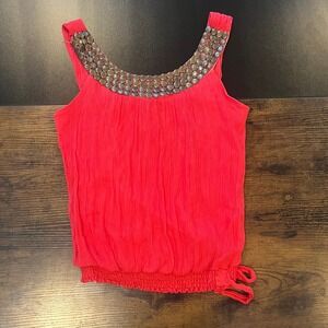 y2k Red Studded Embellished Smocked Tank Top Sleeveless Boho Blouson Side Tie